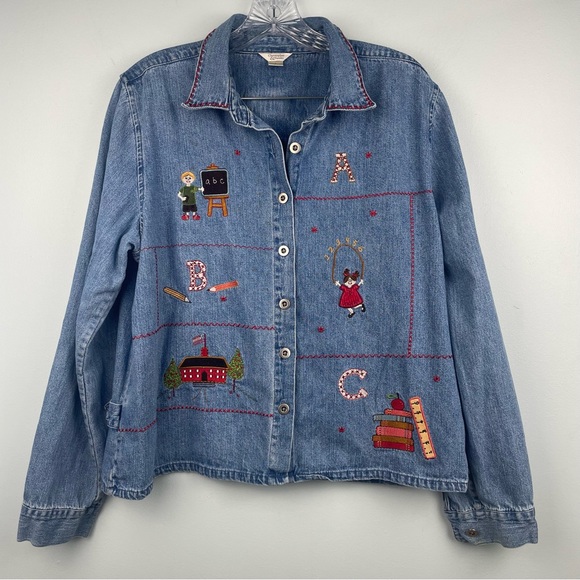 Christopher & Banks Tops - Christopher Banks Denim Chambray Button Shirt School Teacher Embroidery Sz L
